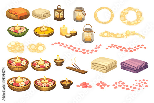 Decorative items and patterns used for celebration and relaxation in a cozy setting with warm lights and floral elements