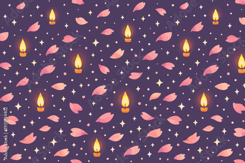 Design featuring candles and flower petals in a purple background with stars, suitable for various uses