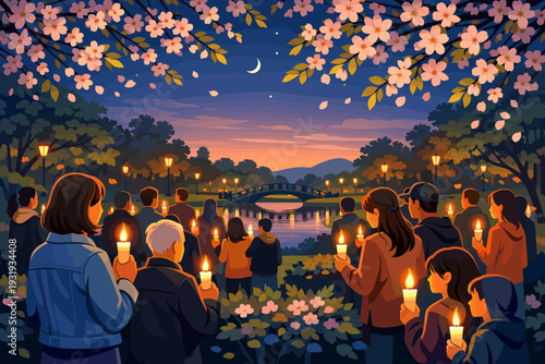 People gather with candles by a river under a darkening sky filled with stars near cherry blossoms in spring evening