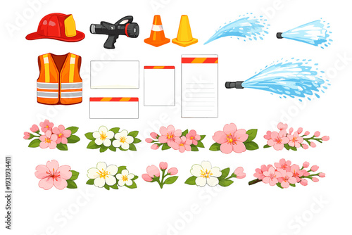 Fire safety tools and flowers displayed on a white background showing various elements of emergency response and nature