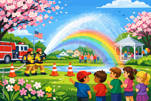 Firefighters make rainbow with water in park during community event for families and children in springtime