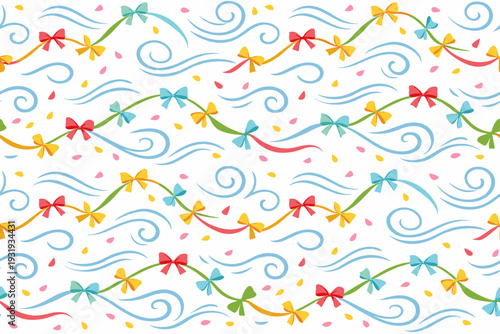 Colorful bows and swirls on a white background create a bright and fun design for craft projects and decorations