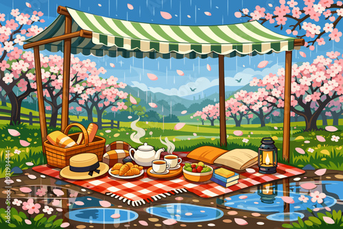 Picnic under a shelter in a park with cherry blossom trees during a light rain