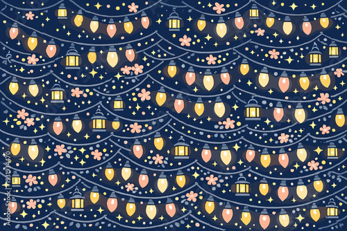 Colorful lights and flowers decorate a nighttime scene in a festive display during a celebration or event