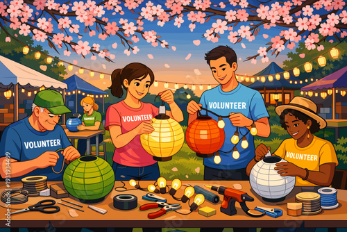 Volunteers create lanterns and prepare for an outdoor festival under cherry blossom trees