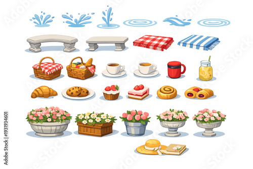 Picnic scene with food, drinks, blankets, and flowers by the water in a sunny park setting