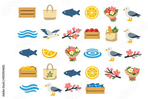 Market scene with fish, fruits, and flowers in a busy area during the day