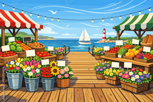 Colorful market stalls by the water with flowers and fruits in a sunny setting near a lighthouse and sailboat