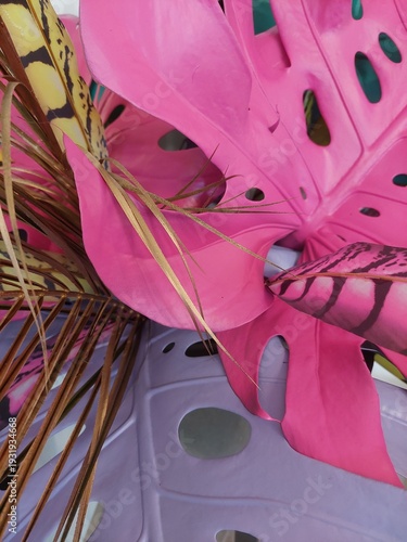 Colorful tropical background. Desktop wallpaper. Murals and painted flowers. Colorful Monstera leaves.