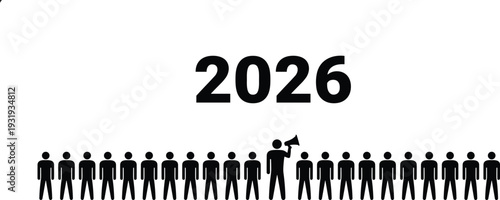 Silhouette business group under 2026 text with central leader holding megaphone symbolizing communication, teamwork, corporate future, and workforce projection