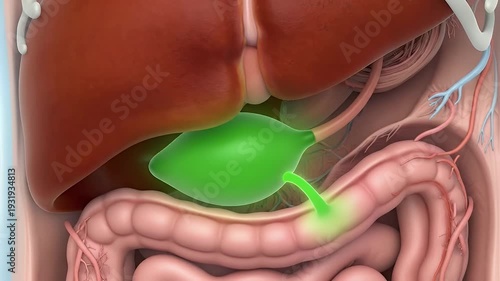 Green bile glow inside gallbladder on human liver