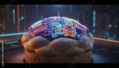 Digital bread with glowing circuit patterns on top, a fascinating blend of technology and tradition. Bread features intricate designs with vibrant colors that highlight modern innovation.