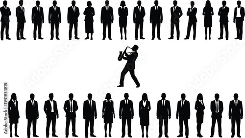 Silhouette business group with central saxophone player highlighting individuality, creativity, contrast, corporate environment, teamwork, and artistic musical expression