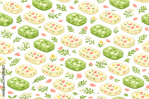 Colorful pattern of candies on a light background with green and yellow shades, showing different shapes and designs