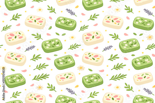 Colorful soap bars with plants scattered on a white background during a craft fair event