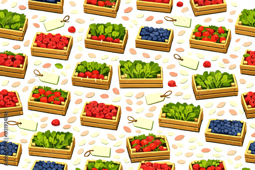 Fresh fruits and vegetables arranged in wooden boxes on a white background during a market setup in the afternoon