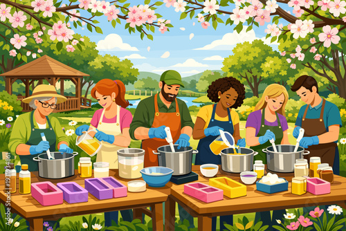 Youth group prepares meals together in a garden setting during a community cooking event in springtime