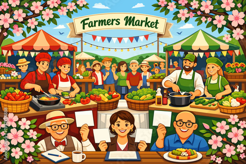 People gather at a farmers market with food stalls and fresh produce during a sunny day in the park