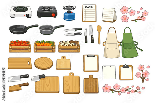 Cooking tools and kitchen items arranged on a table with food ingredients and utensils for meal preparation