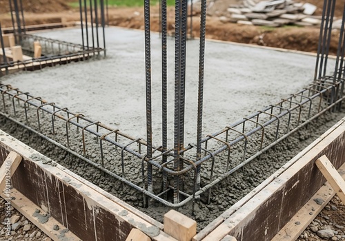Reinforced concrete foundation framework in progress for a new building