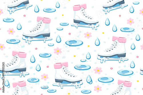 Pattern of ice skates with flowers and water drops on a light background
