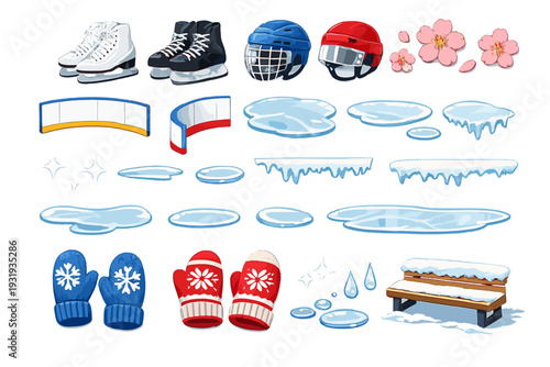 Ice skating gear and winter elements including ice, snow, and mittens on a winter day