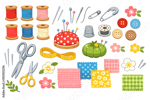 Craft supplies for sewing and fabric projects on a white background with colorful threads, buttons, scissors, and pins arranged neatly