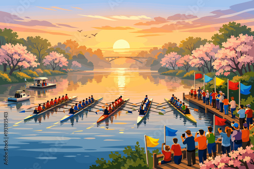 Rowers compete in a race at sunset by the river with people cheering from the shore