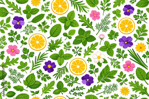 Fresh herbs and fruits arranged on a white background showcasing a colorful display of nature's ingredients in a creative setup