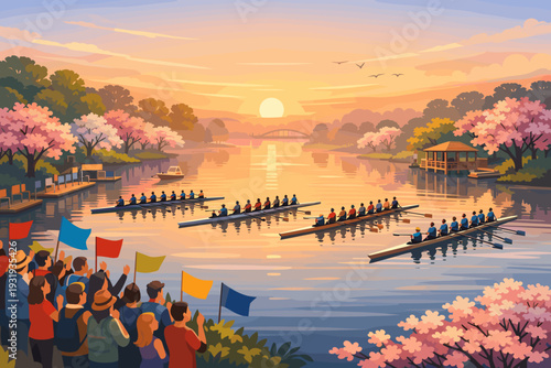 Rowing teams compete in a river during sunset with crowds cheering by the banks