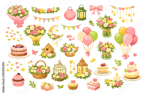 Colorful collection of decorative items for celebrations with flowers and balloons on a bright background