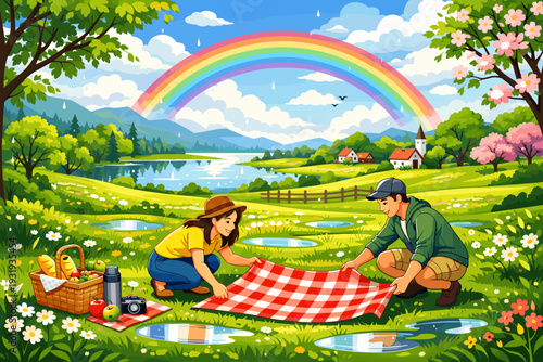 Couple sets up picnic blanket by lake with rainbow in the background on sunny day in spring