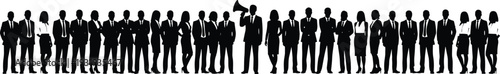 Silhouette business professionals standing in line with leader holding megaphone, vector illustration representing communication, leadership, teamwork, corporate unity