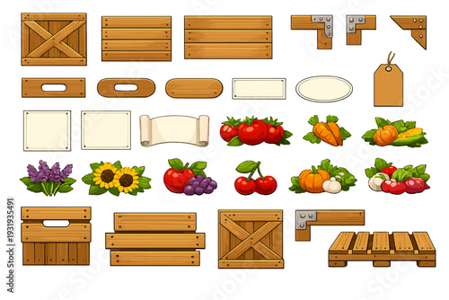 Different wooden signs and crates with various fruits and vegetables on a white background for farm market design