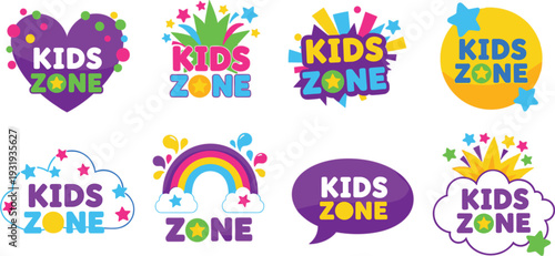 Kids Zone Logo Collection with Colorful Typography Rainbow Stars and Fun Playful Badge Designs Vector Set
