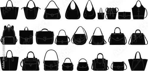 Women Handbag Silhouette Collection with Tote Backpack Clutch and Shoulder Bag Fashion Vector Set
