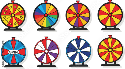 Prize Wheel Spinner Collection with Colorful Fortune Game Show and Lucky Spin Icons Vector Illustration