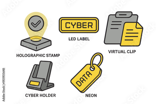 Various cyber-themed labels and stamps displayed on a clean, white background showcasing modern technology features and designs