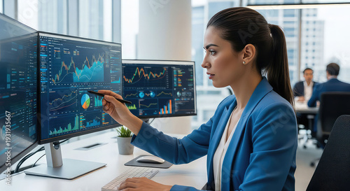 Businesswoman analyzing financial data on multiple computer screens in modern office setting with colleagues
