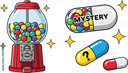 Gumball Machine and Mystery Capsule Collection with Colorful Candy Balls Cartoon Vector Illustration