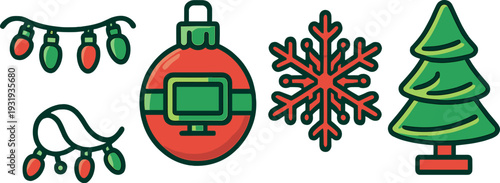 Colorful holiday decorations featuring Christmas ornaments, lights, a snowflake, and a tree on a white background