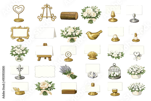 Display items for events with flowers and decorative stands for setting up names in an outdoor garden scene