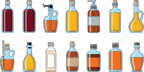 Glass Bottle Collection with Oil Vinegar Syrup and Beverage Containers Isolated on White Background Vector Illustration