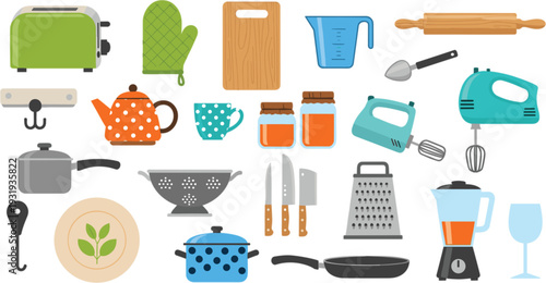 Kitchen Utensils and Cooking Appliances Collection with Toaster Mixer Blender Pots and Tools Flat Vector Illustration