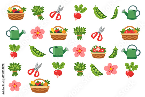 Garden tools and fresh vegetables are arranged in colorful patterns on a white background showing gardening activities and plants