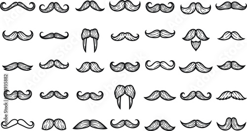 Vintage Mustache Collection with Curly Handlebar and Classic Facial Hair Styles Black and White Vector Set