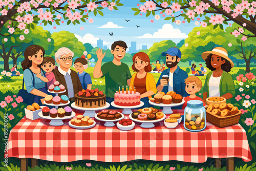 Celebration with friends and families at a dessert table in a park during springtime