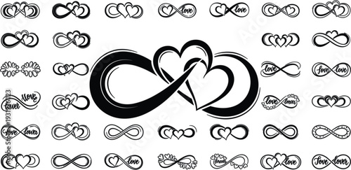 Infinity Love Symbol Collection with Heart Shapes and Romantic Endless Loop Icons Black and White Vector Set