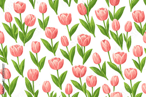 Pattern of pink tulips with green leaves on a white background created using digital art techniques