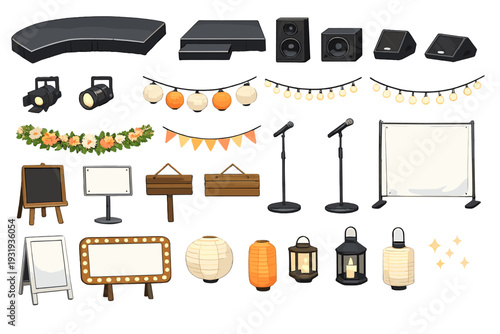 Decorations and equipment for an outdoor event setup including lights and speakers displayed on a flat surface